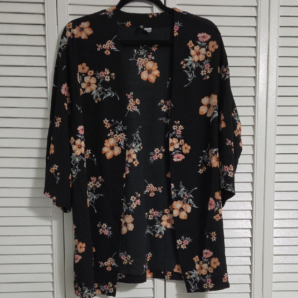 H&M Black Floral Open-Front Kimono with Peach and Pink Blooms